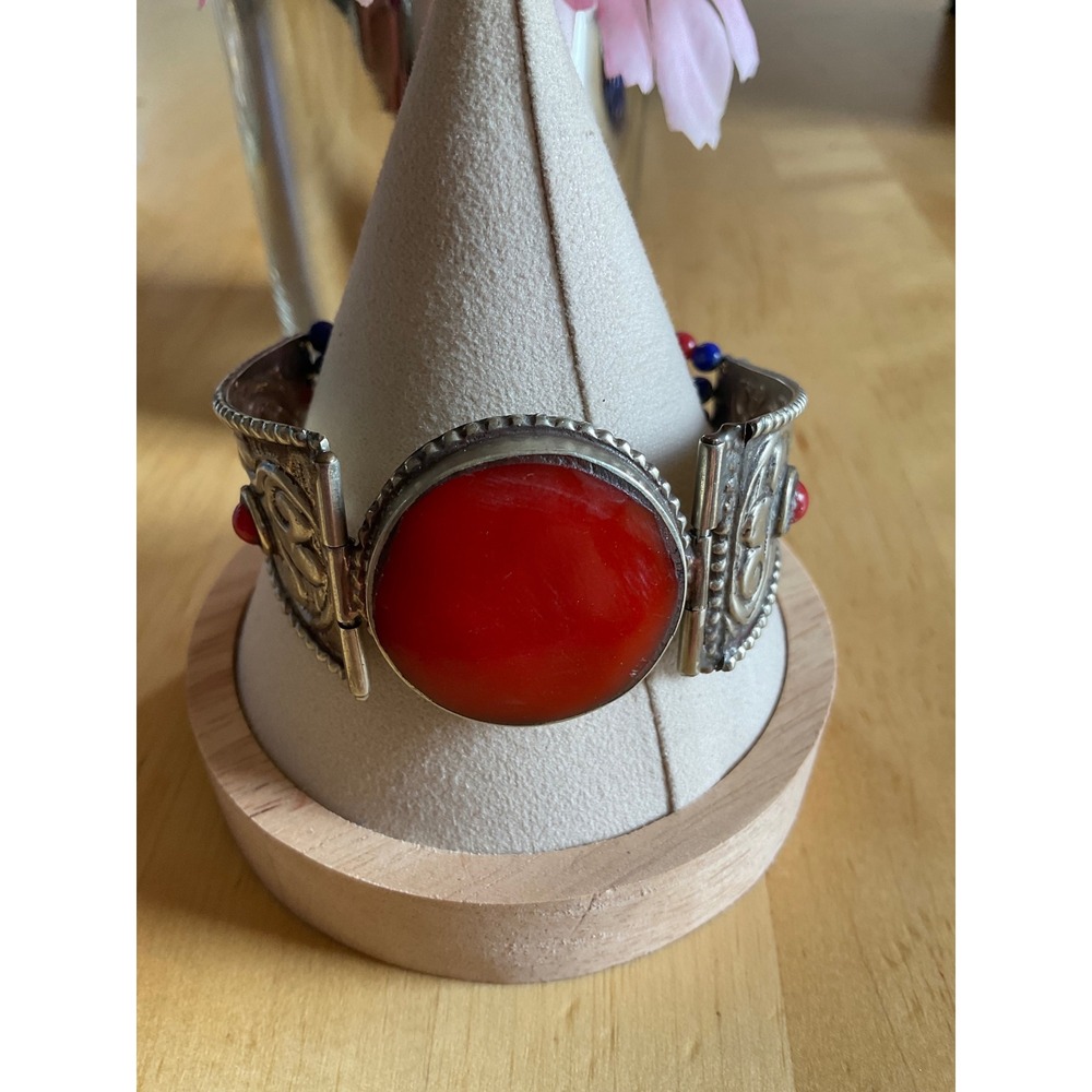 Tibetan Style Red Stone Silver Ornate Hinged Cuff Bracelet Blue Red Beads 7.5in